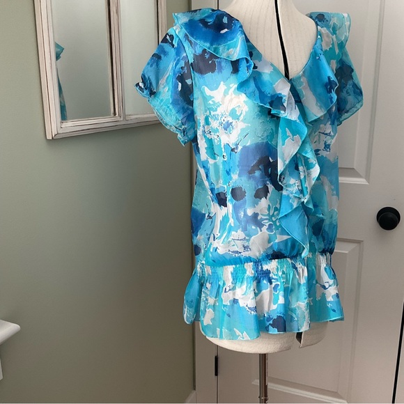 NEW WOMEN DESIGN, TEAL AND MULTI COLOUR RUFFLE BLOUSE, SIZE: L - Picture 1 of 7